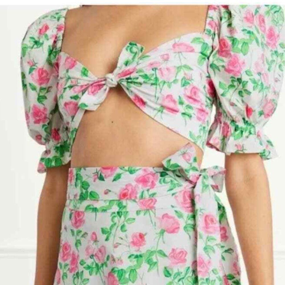 Hill House The Isabella Pink Roses Poplin Puff Sleeve Tie Front Top